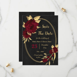 Chic burgundy and gold black geometric save the date