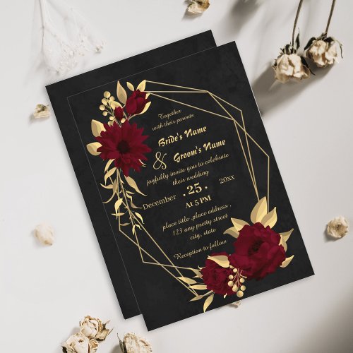 Chic burgundy and gold black geometric wedding invitation