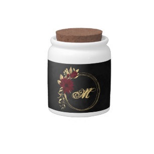 Chic burgundy and gold black monogram candy jar