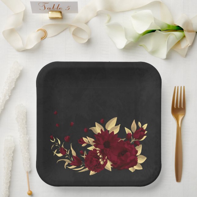 Chic burgundy and gold black  paper plates (Wedding)