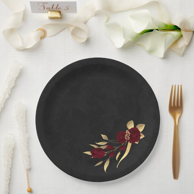 Chic burgundy and gold black  paper plates (Wedding)