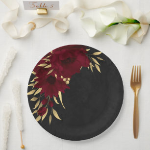 Chic burgundy and gold black paper plates
