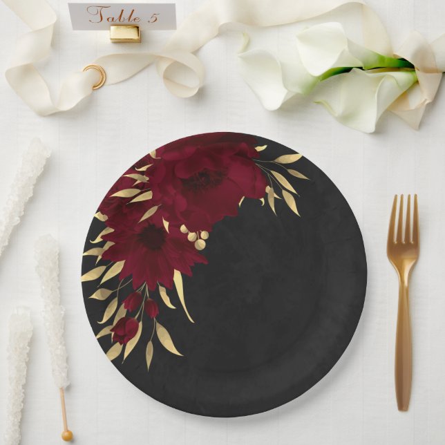 Chic burgundy and gold black  paper plates (Wedding)