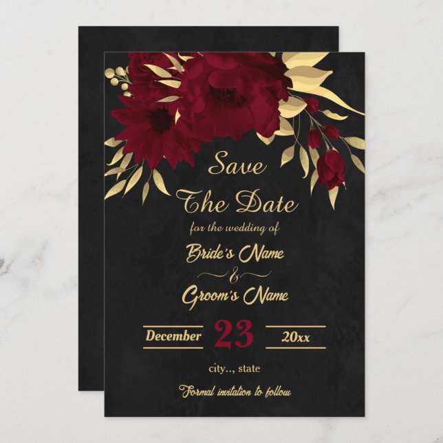 Chic burgundy and gold black  save the date (Front/Back)