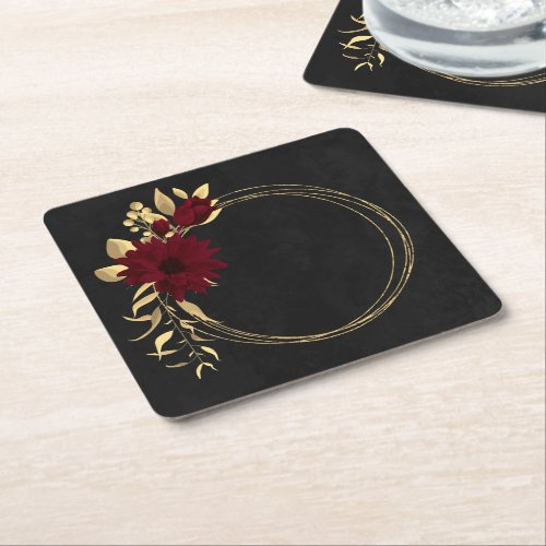 Chic burgundy and gold black square paper coaster