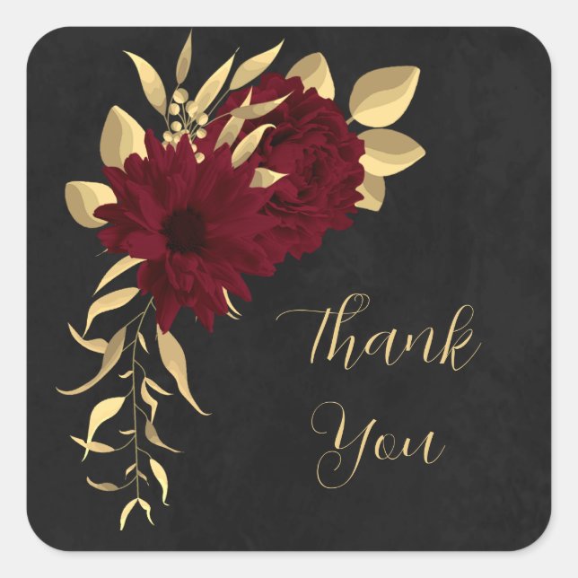 Chic burgundy and gold black thank you square sticker (Front)