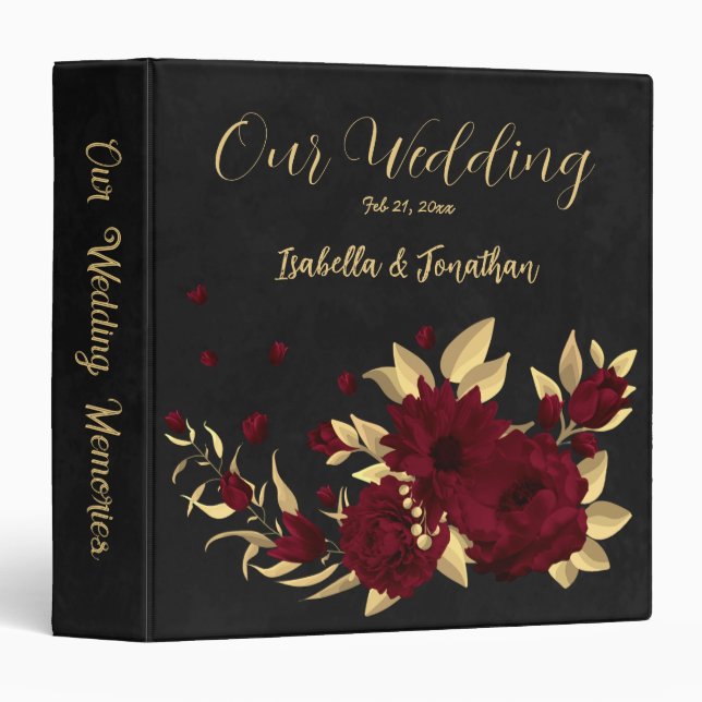 Chic burgundy and gold black wedding album 3 ring binder (Front/Spine)