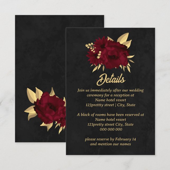 Chic burgundy and gold black wedding enclosure card (Front/Back)