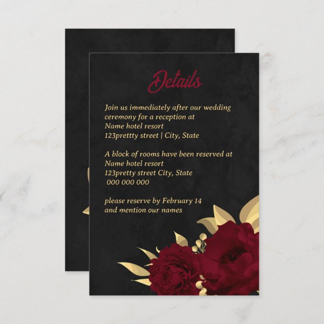Chic burgundy and gold black wedding enclosure card (Front/Back)