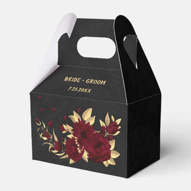 Chic burgundy and gold black wedding favor boxes (Front Side)