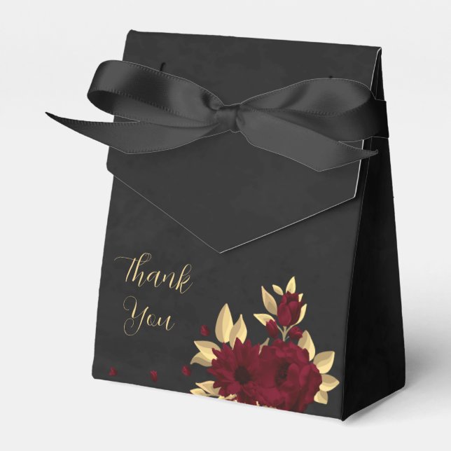 Chic burgundy and gold black wedding favor boxes (Front Side)