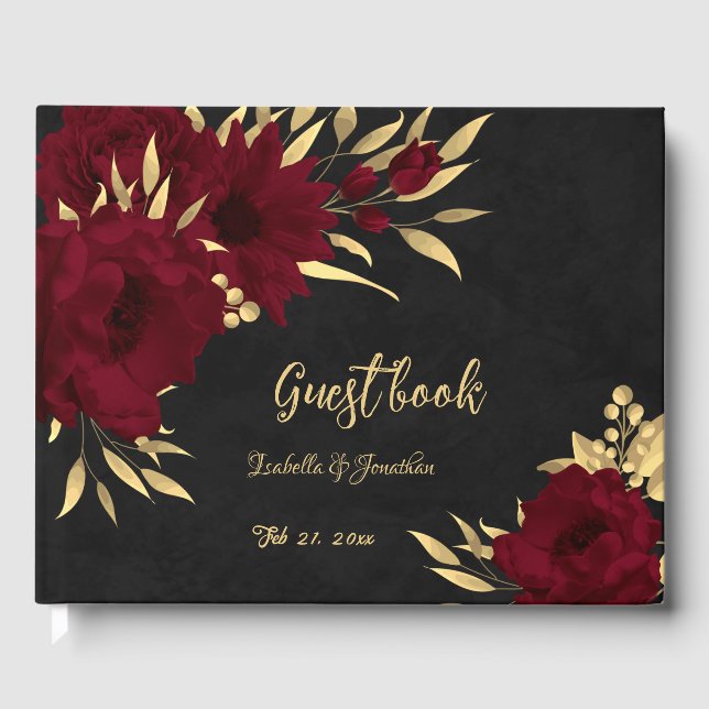 Chic burgundy and gold black wedding guest book (Front)