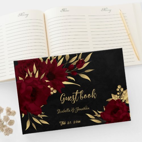 Chic burgundy and gold black wedding guest book