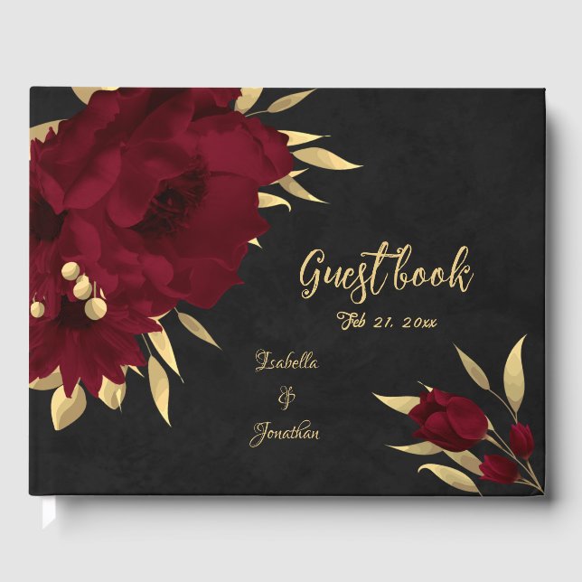 Chic burgundy and gold black wedding guest book (Front)