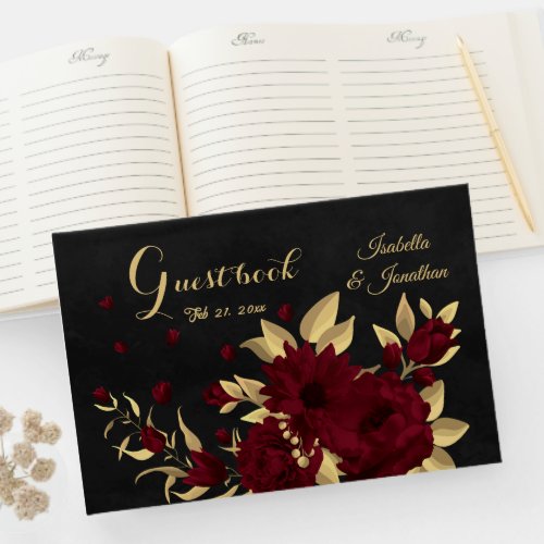 Chic burgundy and gold black wedding guest book