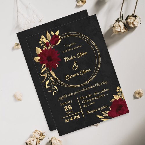 Chic burgundy and gold black wedding invitation