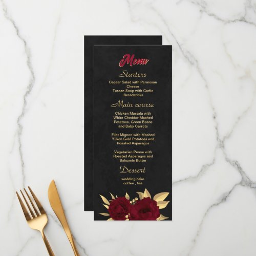 Chic burgundy and gold black wedding menu