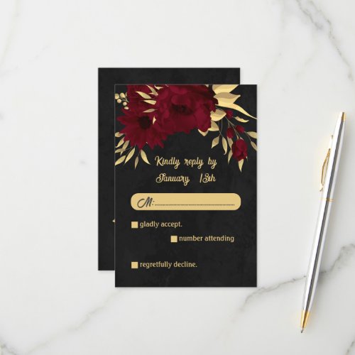 Chic burgundy and gold black wedding RSVP card