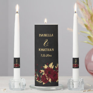 Chic burgundy and gold black wedding unity candle set