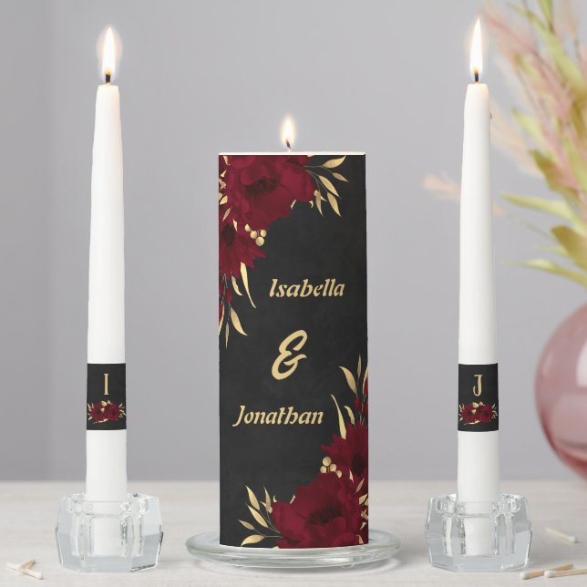 Chic burgundy and gold black wedding unity candle set (In Situ)