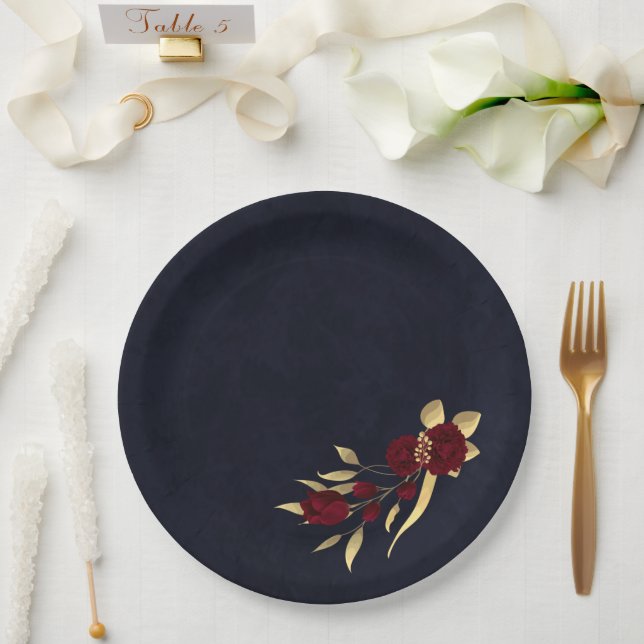 Chic burgundy and gold navy blue paper plates (Wedding)