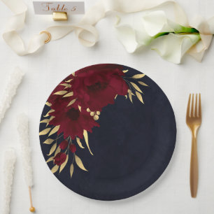 Chic burgundy and gold navy blue paper plates