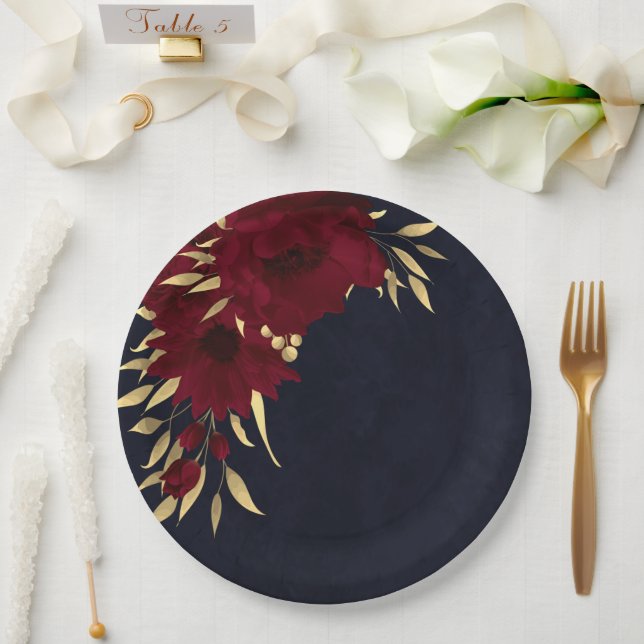 Chic burgundy and gold navy blue paper plates (Wedding)