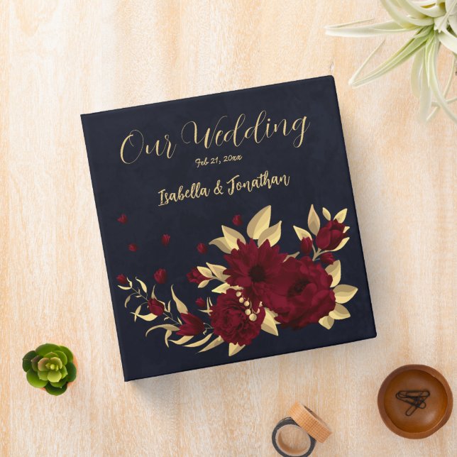 Chic burgundy and gold navy blue wedding album 3 ring binder (In Situ)