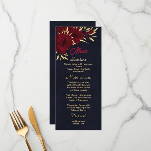Chic burgundy and gold navy blue wedding menu