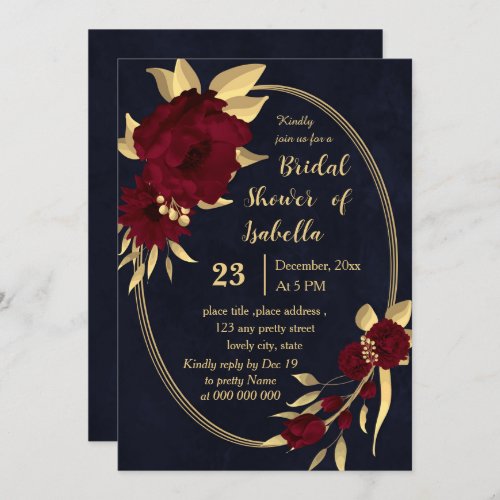 Chic burgundy and gold navy bridal shower invitation