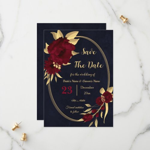 Chic burgundy and gold navy geometric save the date
