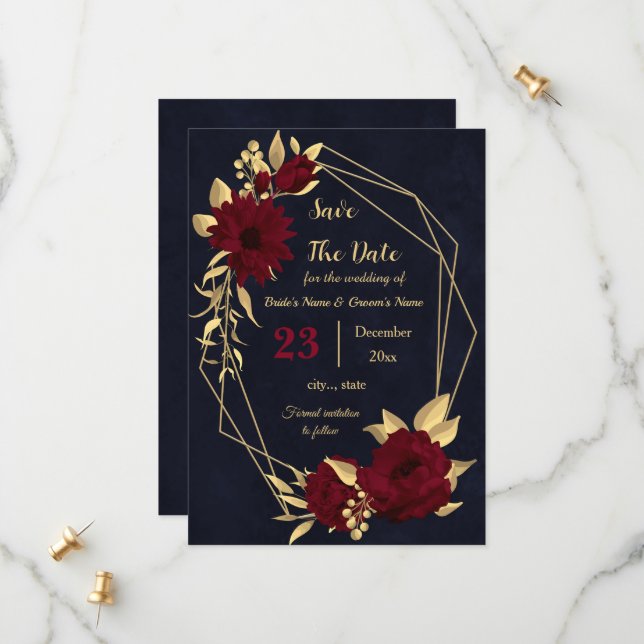 Chic burgundy and gold navy geometric save the date (Front/Back In Situ)