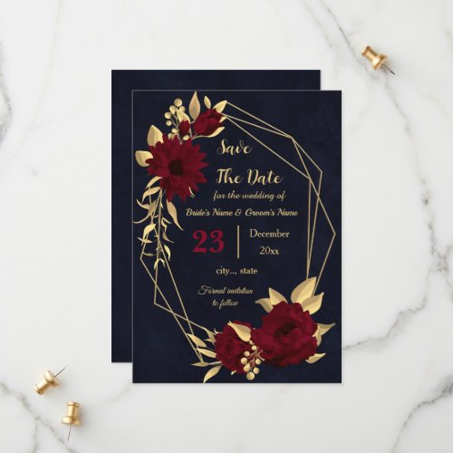 Chic burgundy and gold navy geometric save the date