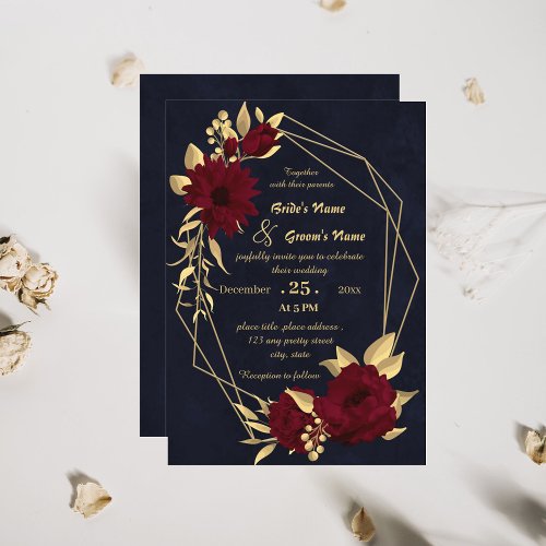 Chic burgundy and gold navy geometric wedding invitation