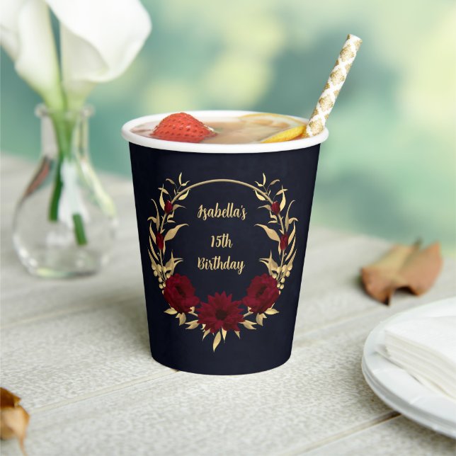 Chic burgundy and gold navy paper cups (Insitu)