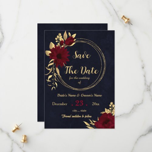 Chic burgundy and gold navy save the date