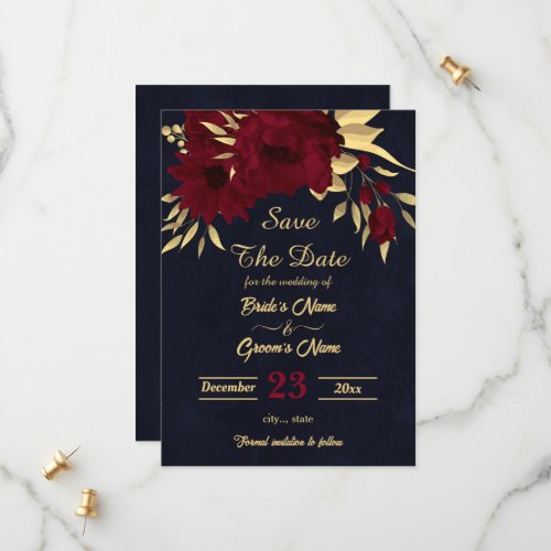 Chic burgundy and gold navy save the date