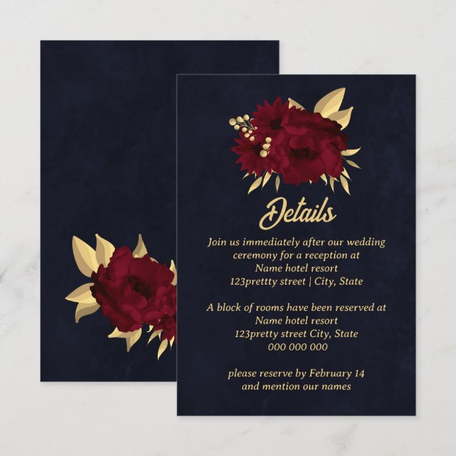 Chic burgundy and gold navy wedding enclosure card (Front/Back)