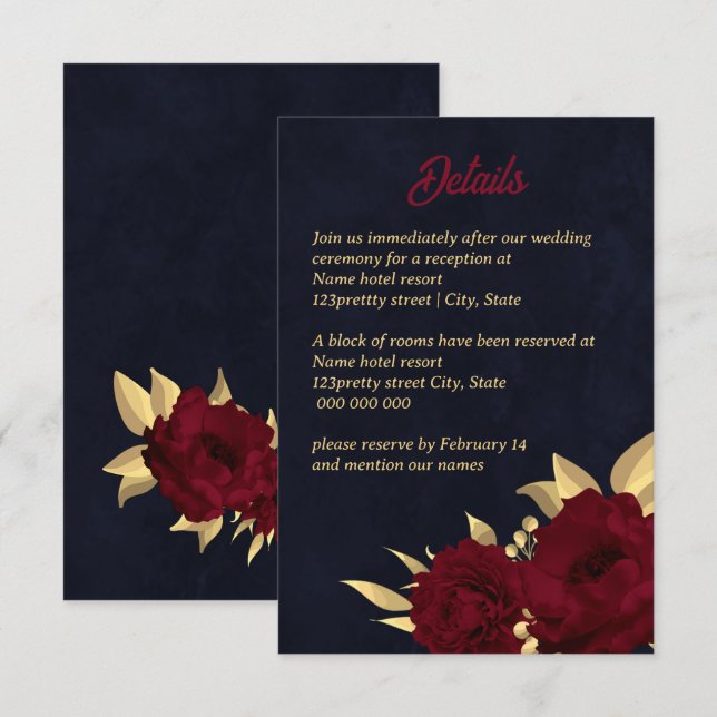 Chic burgundy and gold navy wedding enclosure card (Front/Back)