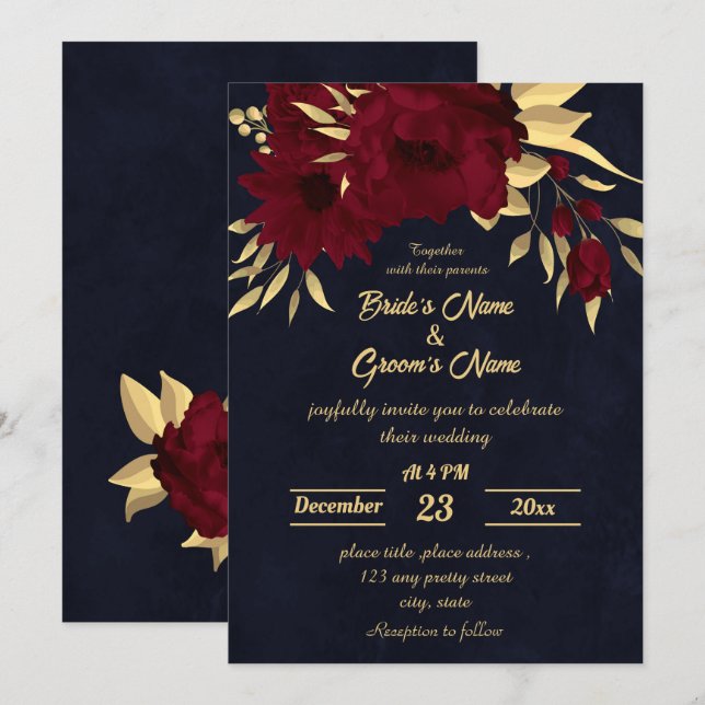 Chic burgundy and gold navy wedding invitation (Front/Back)