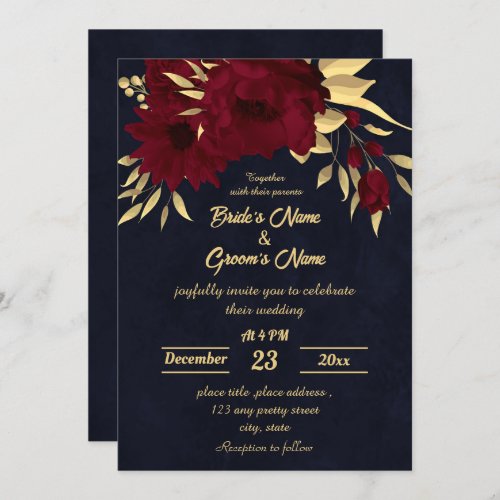 Chic burgundy and gold navy wedding invitation