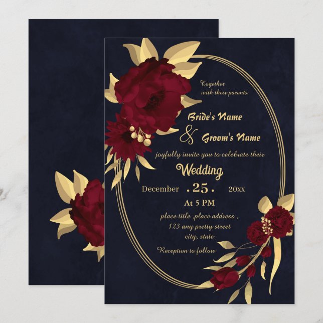 Chic burgundy and gold navy wedding invitation (Front/Back)