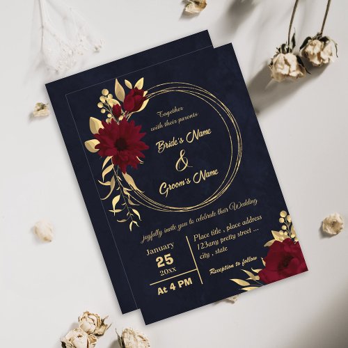 Chic burgundy and gold navy wedding invitation
