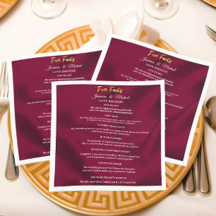 Chic Burgundy and Gold Script Wedding Fun Facts Napkins