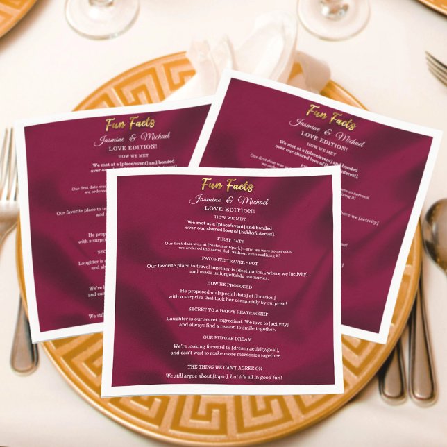 Chic Burgundy and Gold Script Wedding Fun Facts   Napkins (Creator Uploaded)