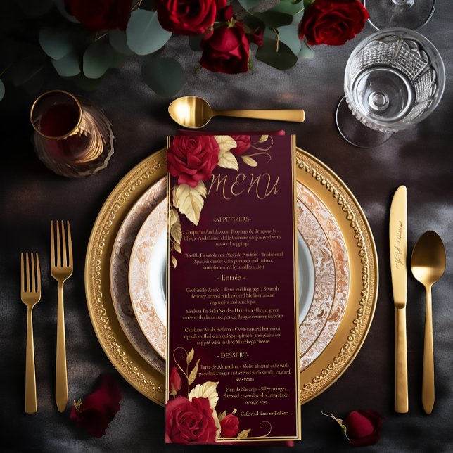 Chic Burgundy and Gold Spanish Red Wedding Menu (Chic Elegant Wedding Red Burgundy Gold Menu)
