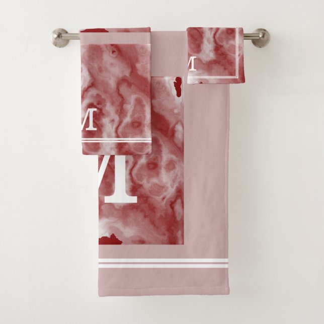 Chic Burgundy And Pinkish Gray Marble Monogrammed Bath Towel Set (Insitu)