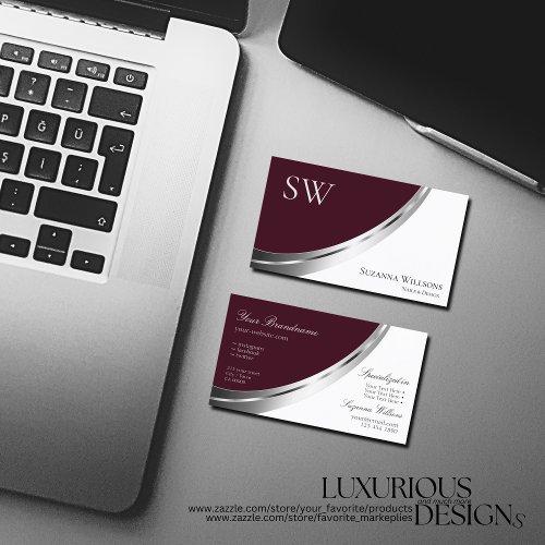 Chic Burgundy and White Silver Decor with Monogram Business Card