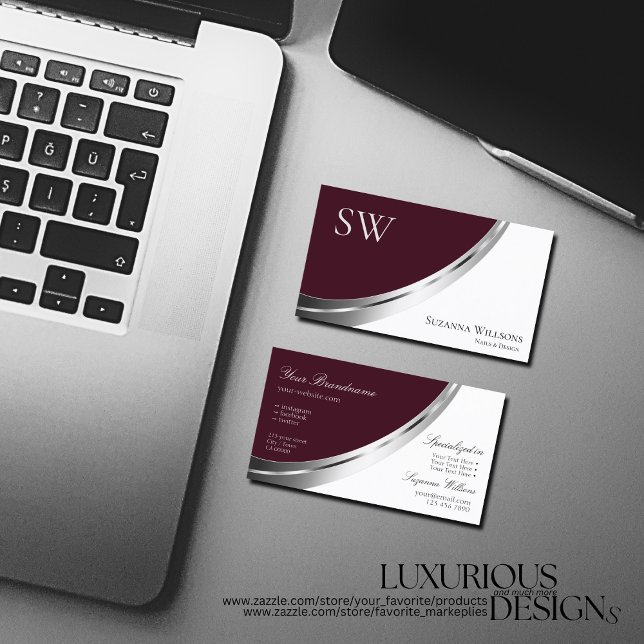 Chic Burgundy and White Silver Decor with Monogram Business Card (Creator Uploaded)