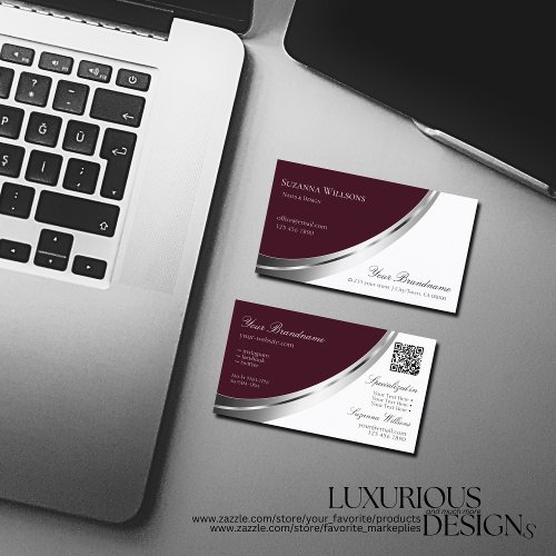 Chic Burgundy and White Silver Decor with QR_Code Business Card